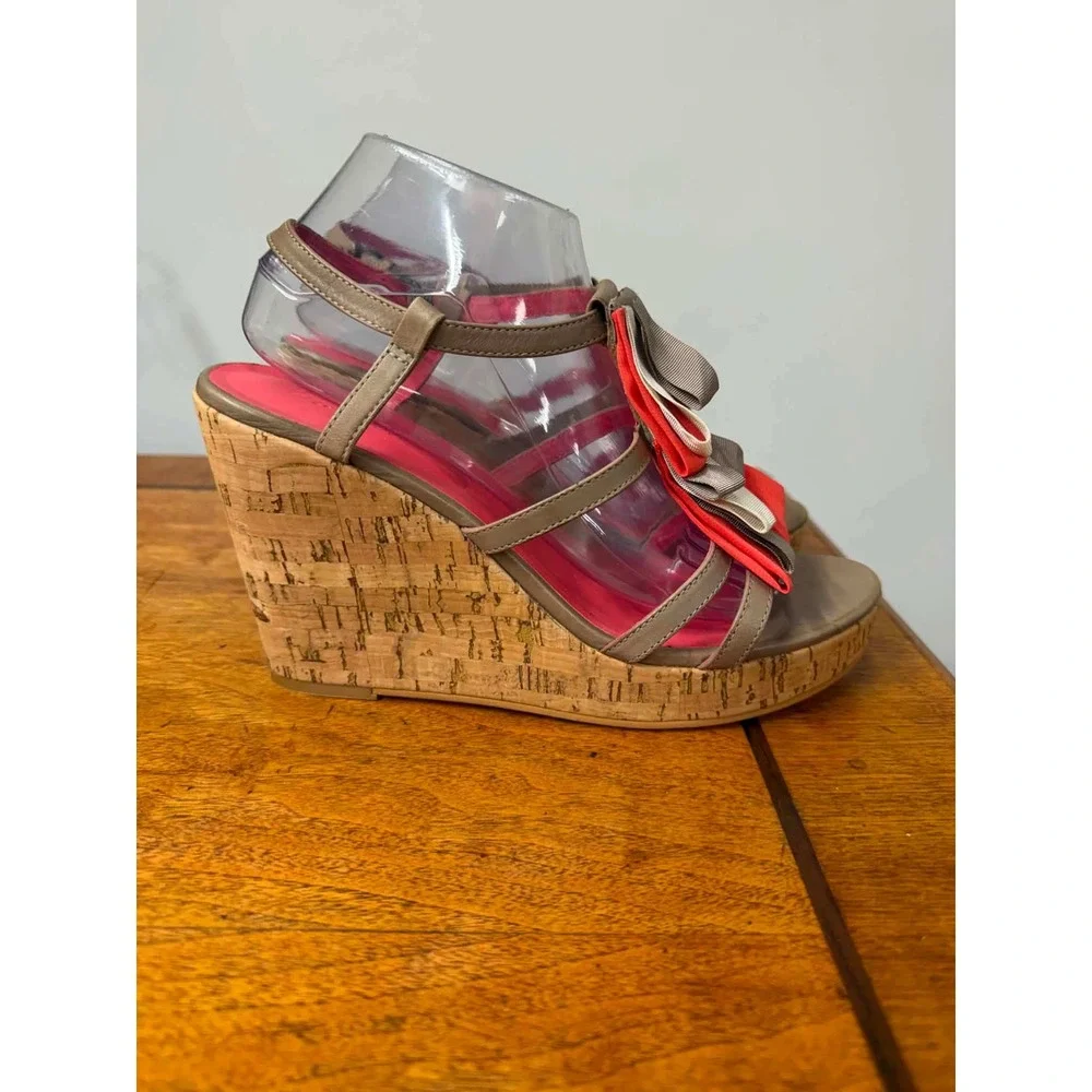 Boden Ruffle Ribbon Cork Wedge Sandals Taupe Pink Orange Size 41 EU 10 US